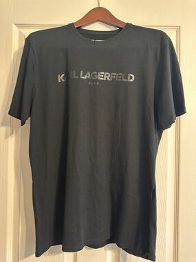 Karl Lagerfeld Black Crewneck Logo Tee with Subtle Metallic Print